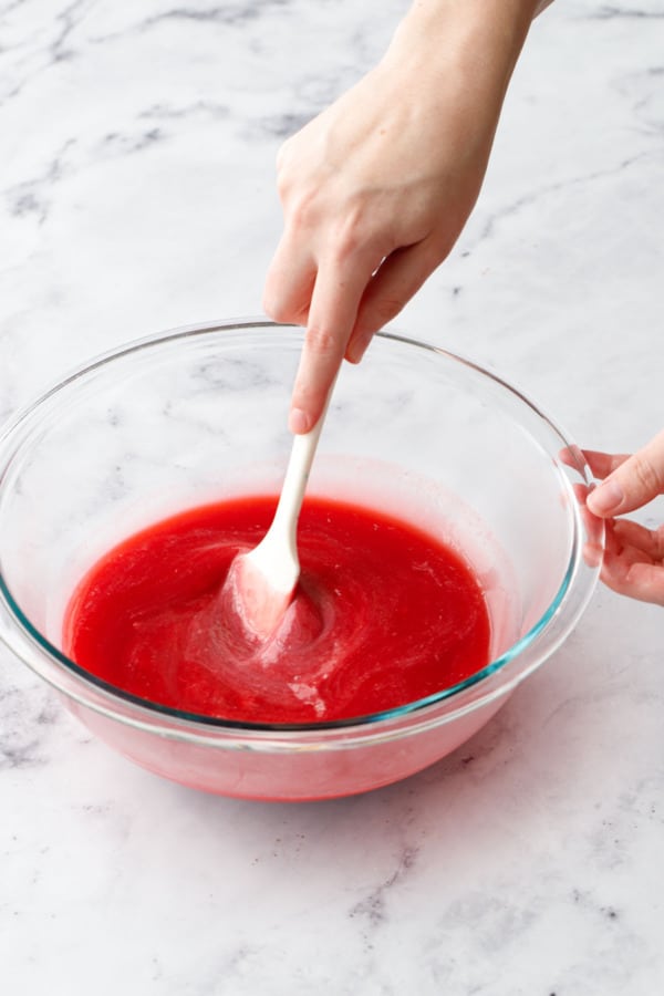 Continue stirring with a spatula until ruby chocolate is melted and mixture is smooth then let cool.